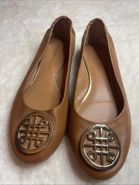 Carmel Brown Leather Ballet Flats with Gold Emblem